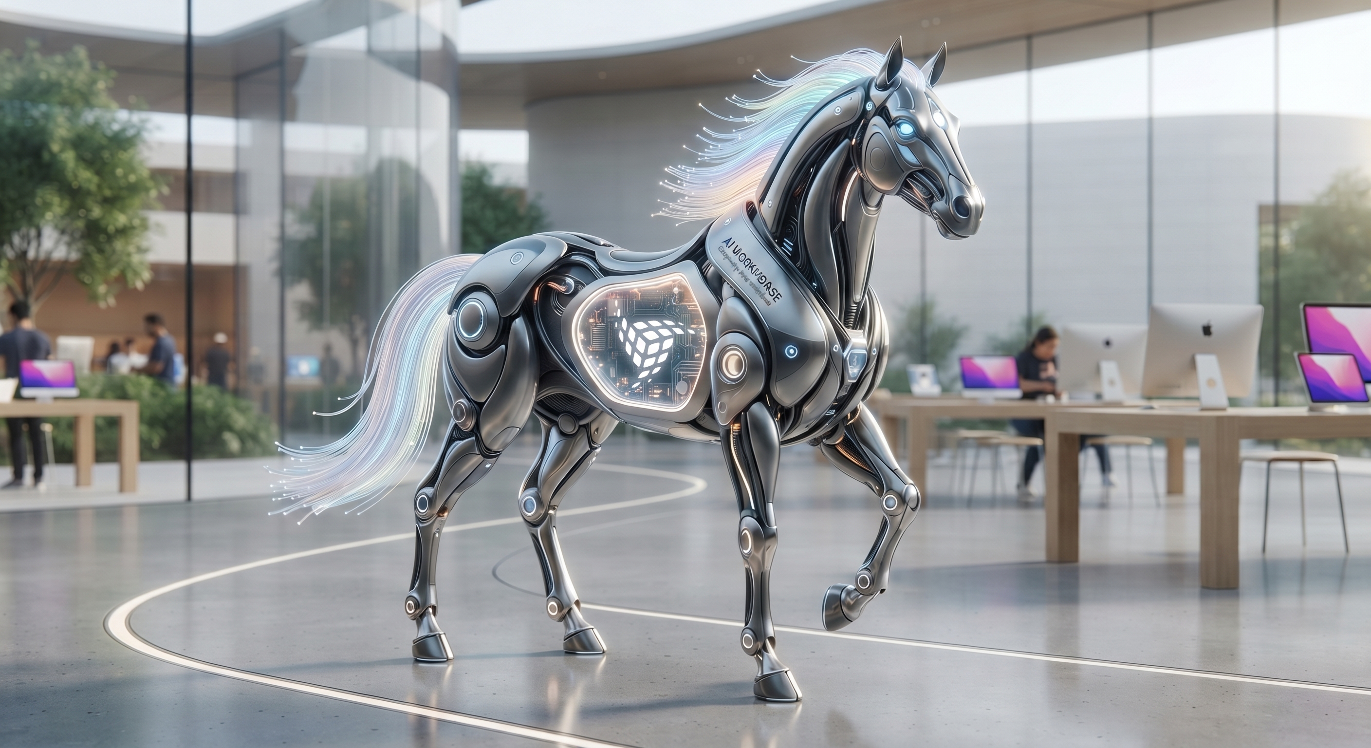 A robotic workhorse labeled AI Workhorse standing in a computer store